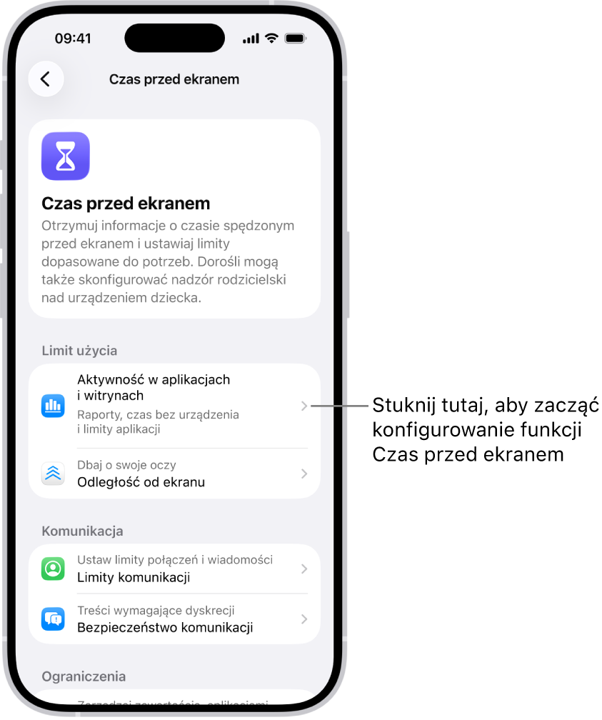 Ekran konfigurowania funkcji Czas przed ekranem, wyświetlający wskazówkę, aby rozpocząć, stukając w Aktywność w aplikacjach i witrynach.