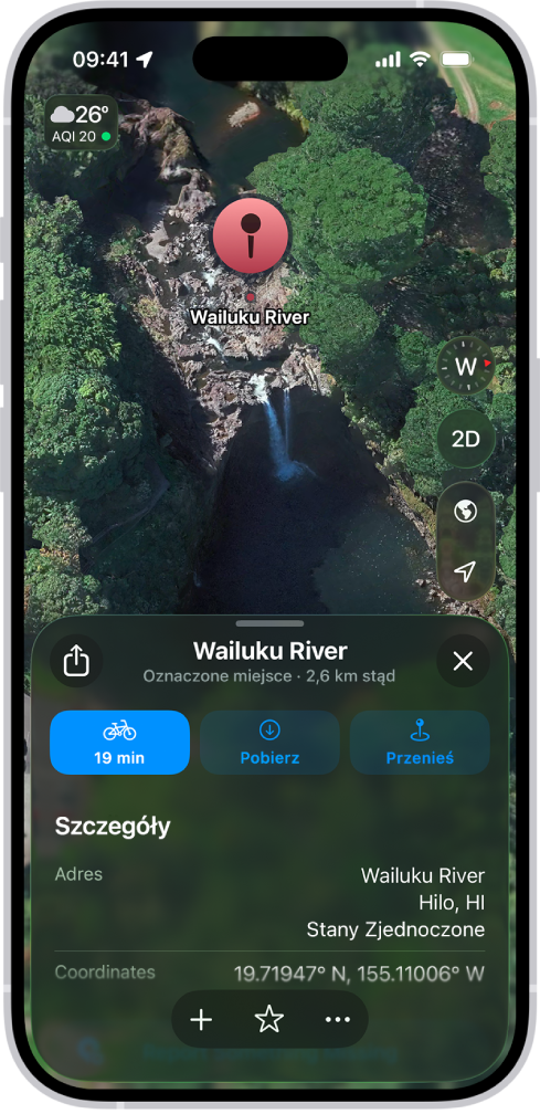 Mapa pokazująca pinezkę umieszczoną w parku. Poniżej widoczne są przyciski umożliwiające uzyskanie trasy do pinezki, pobranie mapy okolicy oraz zmianę położenia pinezki.