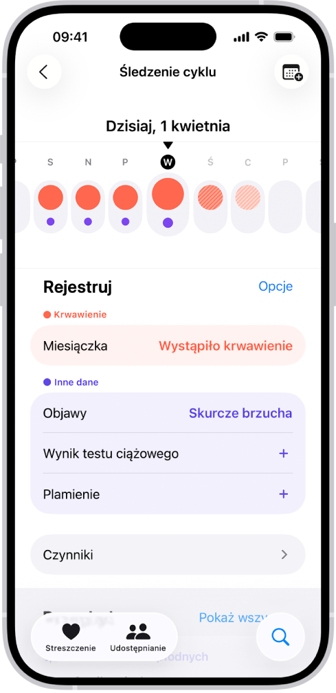 Ekran śledzenia cyklu. Na górze ekranu widoczna jest linia czasowa przedstawiająca tydzień. Pierwsze pięć dni na linii czasowej oznaczone jest czerwonymi kółkami oraz purpurowymi kropkami. Poniżej linii czasowej widoczne są opcje umożliwiające między innymi dodawanie informacji o miesiączce i objawach.