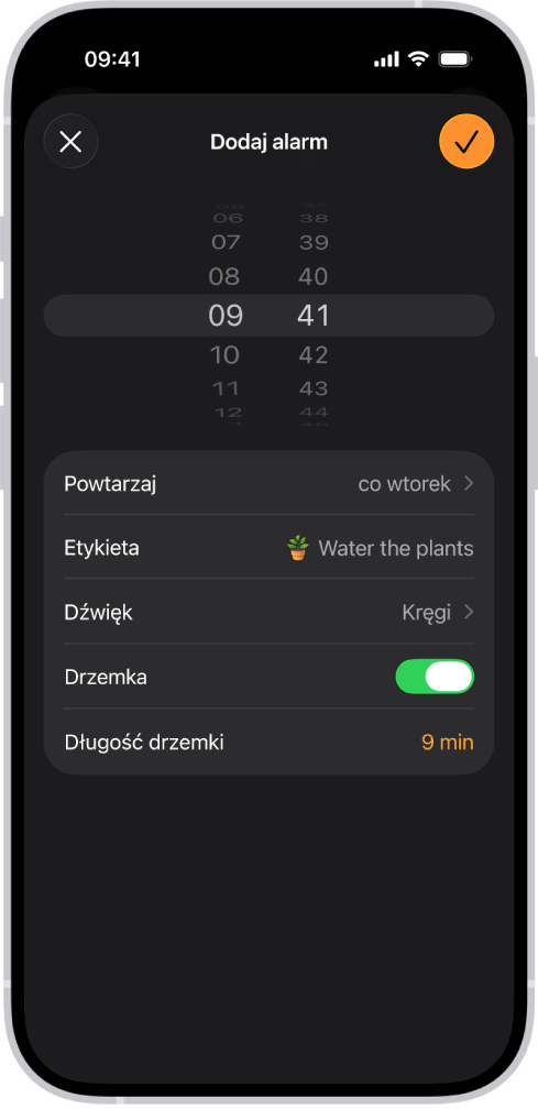 Ekran zmiany alarmu. Widoczne są ustawienia pozwalające zmienić godzinę alarmu, wybrać powtarzanie alarmu, dodać etykietę, wybrać dźwięk, włączyć drzemkę oraz zmienić długość drzemki.