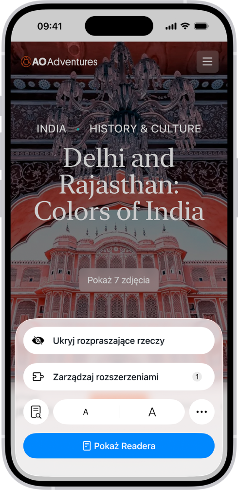 Po wyświetleniu witryny w Safari i stuknięciu w przycisk Menu strony wyświetlona została lista opcji na dole ekranu, w tym Zarządzaj rozszerzeniami.