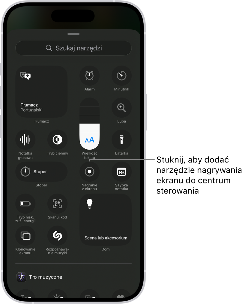 Ekran wyświetlający narzędzia, które można dodać do centrum sterowania. Na środku ekranu widoczne jest narzędzie Nagranie z ekranu.