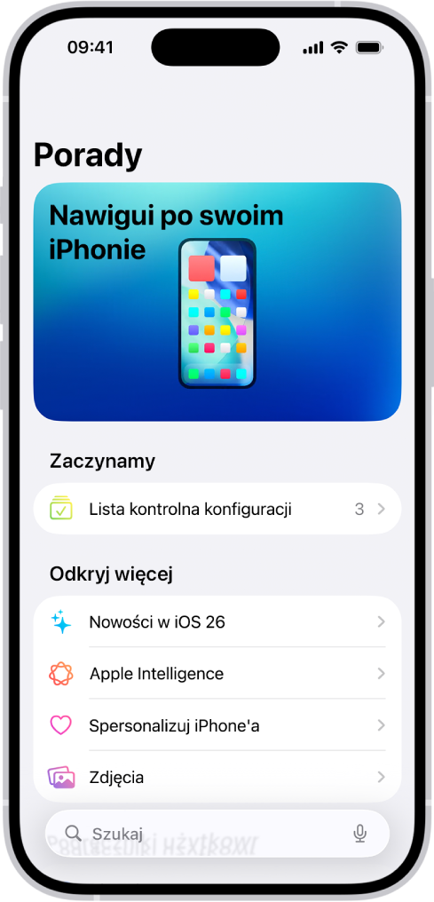 Ekran zawierający zbiór porad. Strzałka obok zbioru porad oznacza, że możesz stuknąć w zbiór, aby wyświetlić zawarte w nim porady.