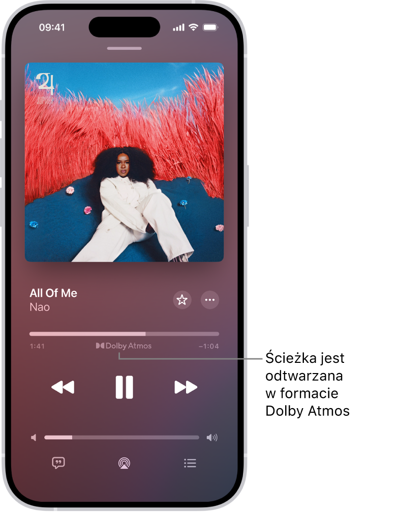 Ekran Odtwarzane pokazujący ikonę Dolby Atmos pod odtwarzaną ścieżką.