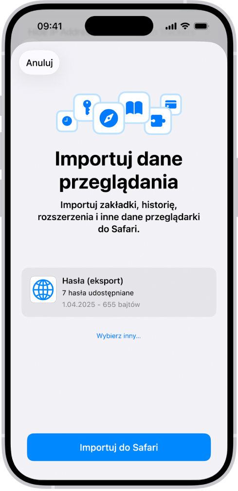Ekran Importuj dane przeglądania. Widoczny jest gotowy do zaimportowania plik CSV zawierający hasła z innego menedżera haseł.