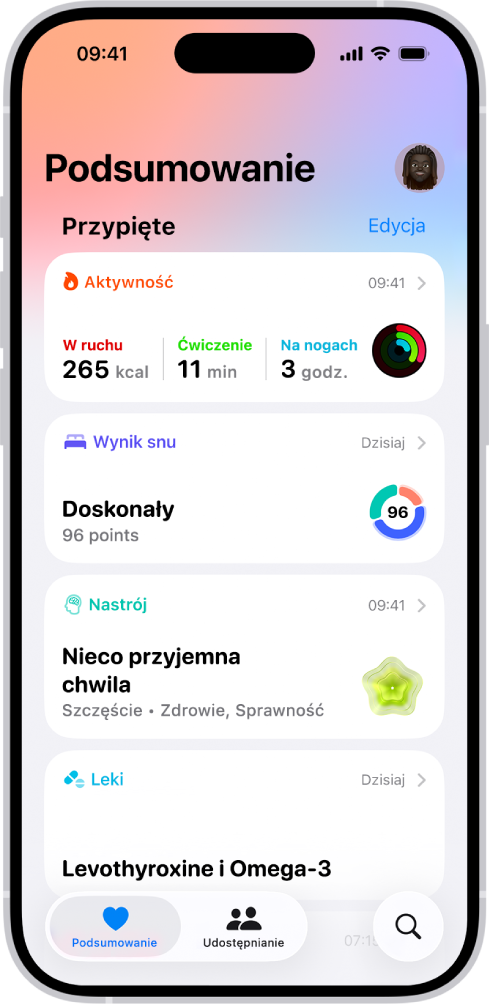 Ekran Podsumowanie w aplikacji Zdrowie. Pod etykietą Przypięte wyświetlane są informacje dotyczące aktywności, wyniku snu, parametrów życiowych, nastroju oraz leków.