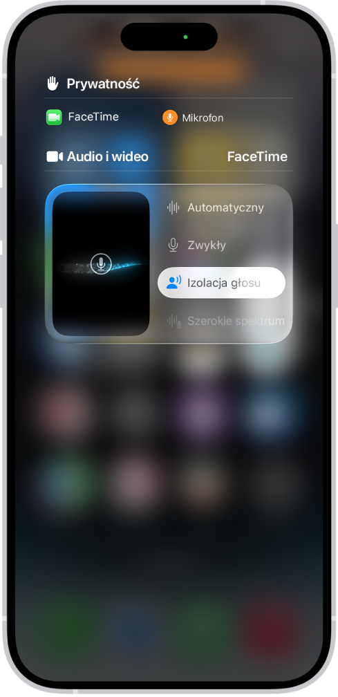 Ustawienia w centrum sterowania dotyczące połączeń FaceTime. Widoczne są ustawienia audio: Automatyczny, Zwykły, Izolacja głosu oraz Szerokie spektrum.