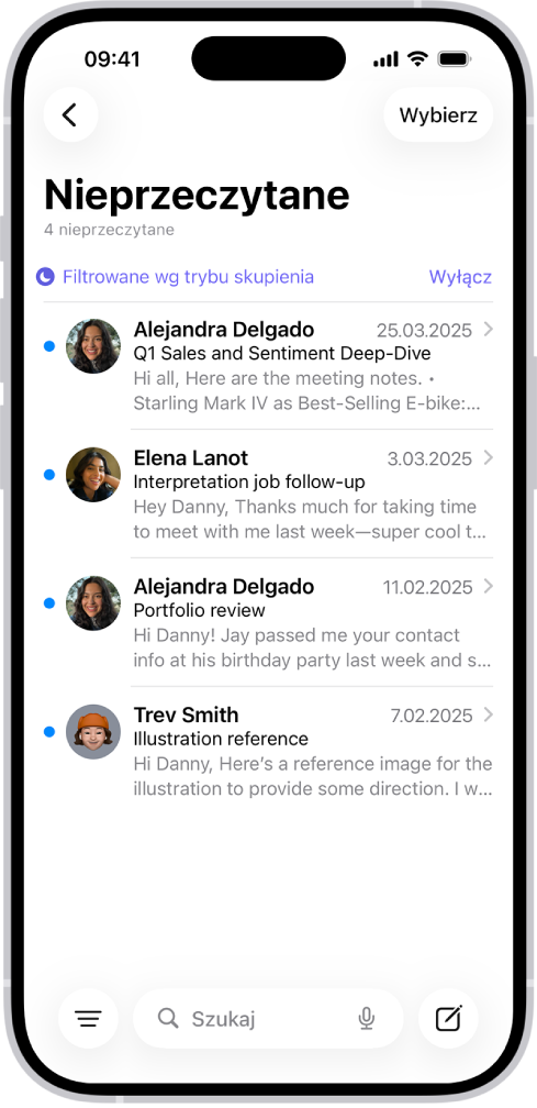 Skrzynka Przychodzące z listą wiadomości. Nad listą wiadomości widoczna jest etykieta Filtrowane wg trybu skupienia. Po prawej widoczny jest przycisk Wyłącz.