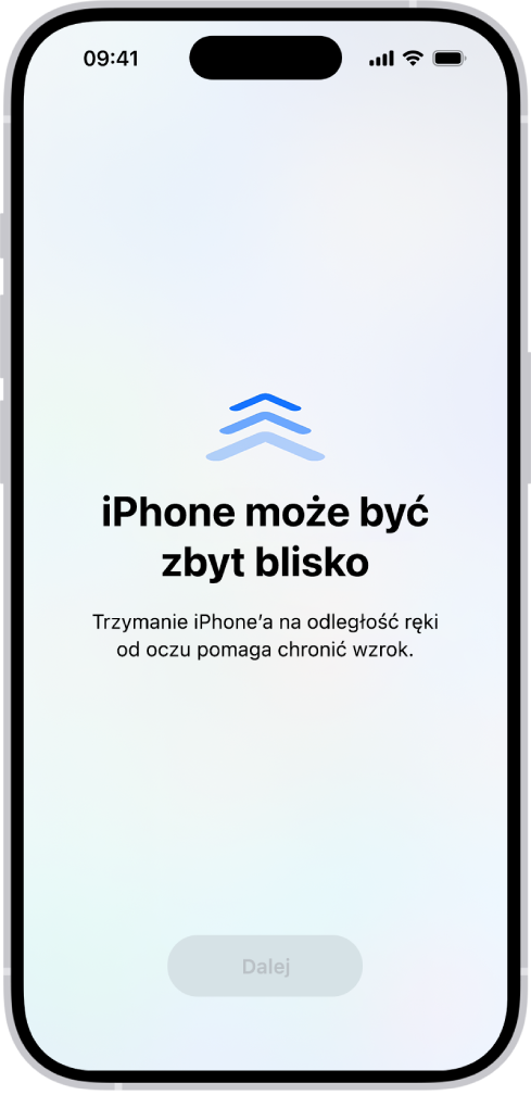 Ekran z ostrzeżeniem, że trzymasz iPhone’a zbyt blisko i należy odsunąć go, aby dbać o zdrowie swoich oczu. Ostrzeżenie zasłania ekran i nie pozwala kontynuować. Widoczny jest przycisk Dalej, który staje się aktywny, gdy odsuniesz iPhone’a na bezpieczną odległość.