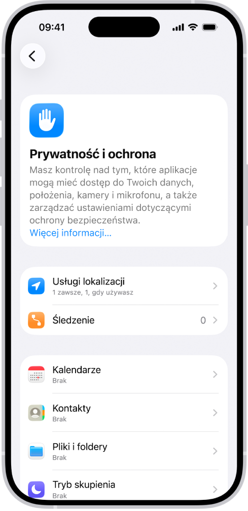 Ekran Prywatność i ochrona z ustawieniami usług lokalizacji i śledzenia oraz ustawieniami do kontroli, które aplikacje mają mieć dostęp do Twoich danych.