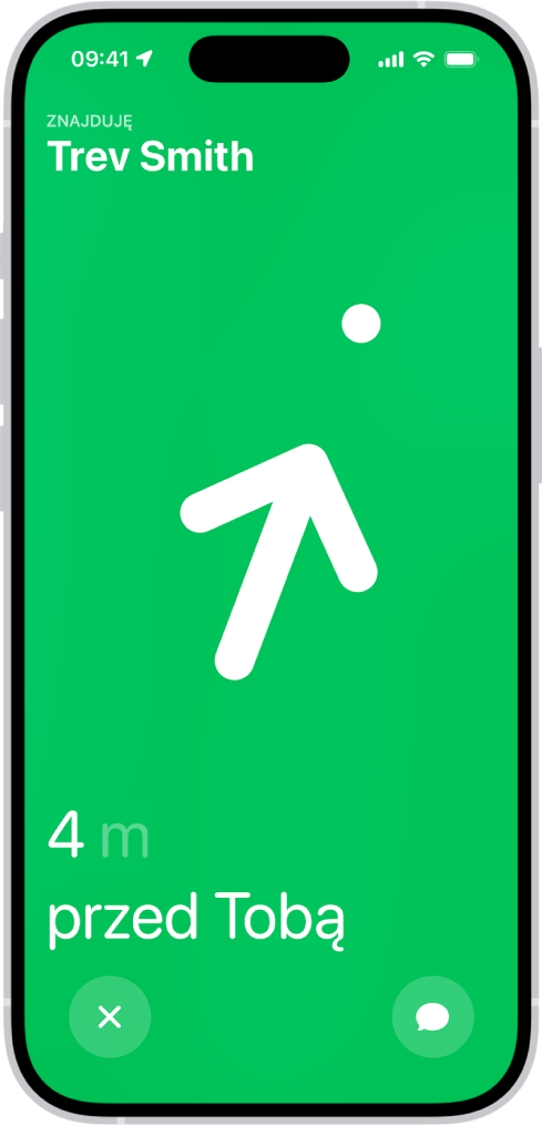 W lewym górnym rogu widoczne jest imię osoby lokalizowanej przy użyciu funkcji Znajdowanie dokładne. Wyświetlana jest strzałka wskazująca kierunek, w którym znajduje się dana osoba, a także odległość, w jakiej się znajduje. Na dole ekranu widoczne są przyciski umożliwiające zamknięcie funkcji Znajdowanie dokładne oraz wysłanie wiadomości do danej osoby.