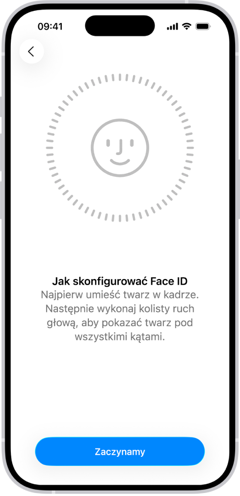 Ekran konfiguracji funkcji Face ID. Na ekranie widoczna jest twarz otoczona okręgiem. Tekst na dole prosi użytkownika, aby wykonał powoli kolisty ruch głową.