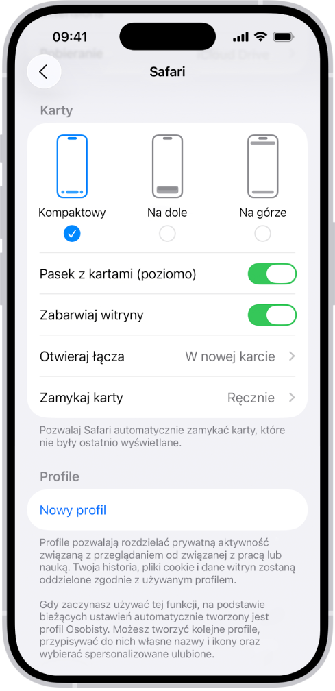 Ekran przedstawiający trzy wersje układu Safari: Kompaktowy, Na dole oraz Na górze.