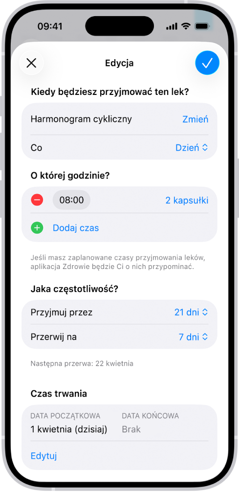 Ekran Leki w aplikacji Zdrowie, zawierający opcje umożliwiające zmianę harmonogramu przyjmowania leku.