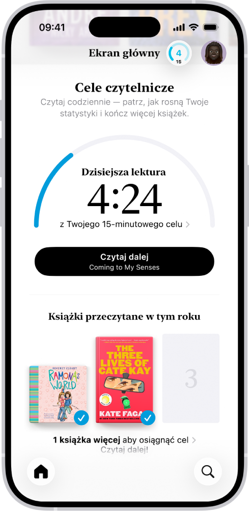 Ekran Cele Czytanie. Widoczne są statystyki użytkownika, takie jak dzisiejszy czas czytania, rekord w tym tygodniu oraz liczba książek przeczytanych w tym roku. Na dole widoczne są karty: Ekran główny, Biblioteka, Księgarnia, Audiobooki oraz Szukaj. Karta Ekran główny jest zaznaczona.