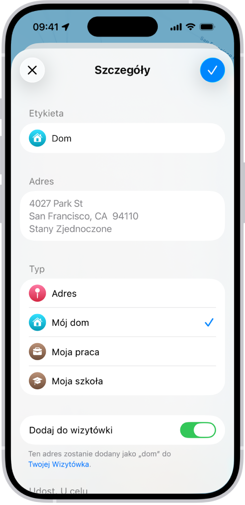 Aplikacja Mapy wyświetlająca ekran szczegółów z możliwością ustawienia adresu jako dom, praca lub szkoła.