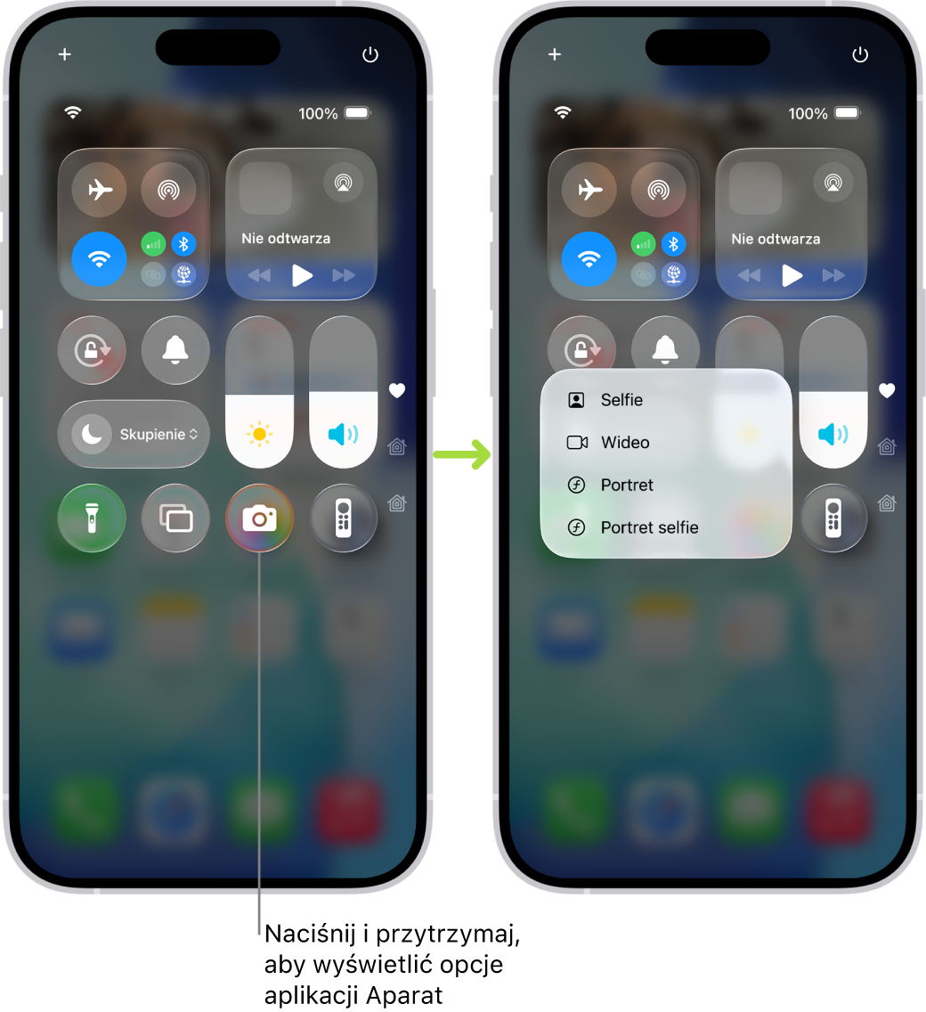 Dwa ekrany centrum sterowania obok siebie. Ekran po lewej zawiera narzędzia trybu Samolot, danych komórkowych, Wi‑Fi oraz Bluetooth widoczne w grupie w lewym górnym rogu. W prawym dolnym rogu znajduje się ikona aparatu. Na ekranie po prawej widoczne jest menu szybkich czynności aparatu, zawierające następujące opcje: Selfie, Wideo, Portret oraz Portret selfie.