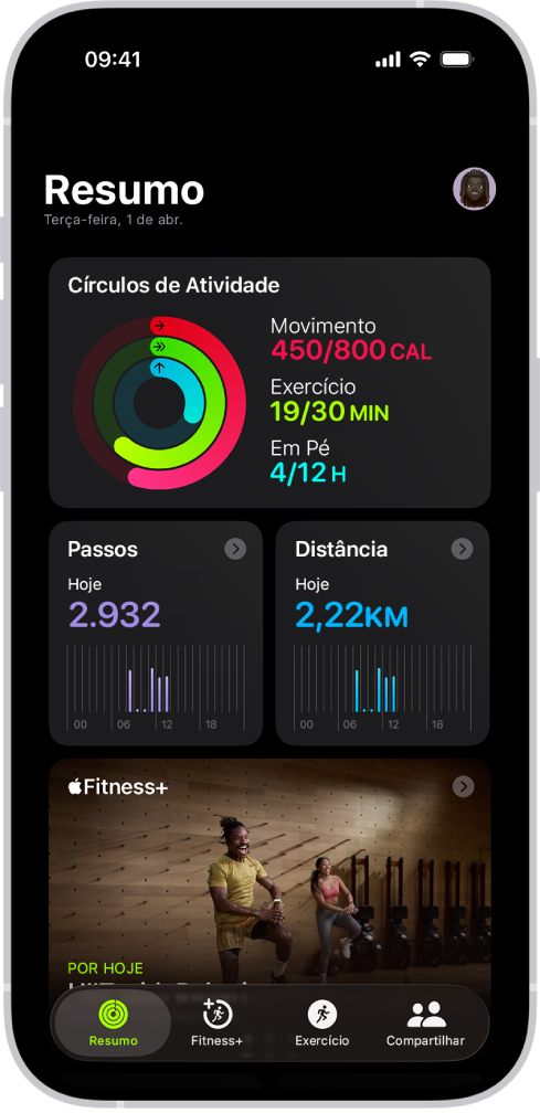 Tela Resumo do app Fitness, mostrando as áreas de Círculos de Atividade, Contagem de Passos, Distância do Passo e Tendências.