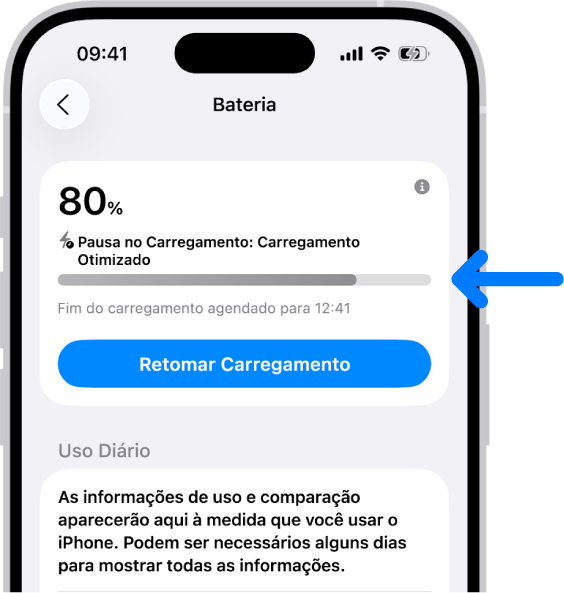 O cartão de informações de carregamento nos ajustes de Bateria do iPhone. O cartão mostra a bateria a 80% com a mensagem “Carregamento em Espera: Carregamento Otimizado”. Está agendado para terminar até as 12:41, com a opção de “Retomar Carregamento”.