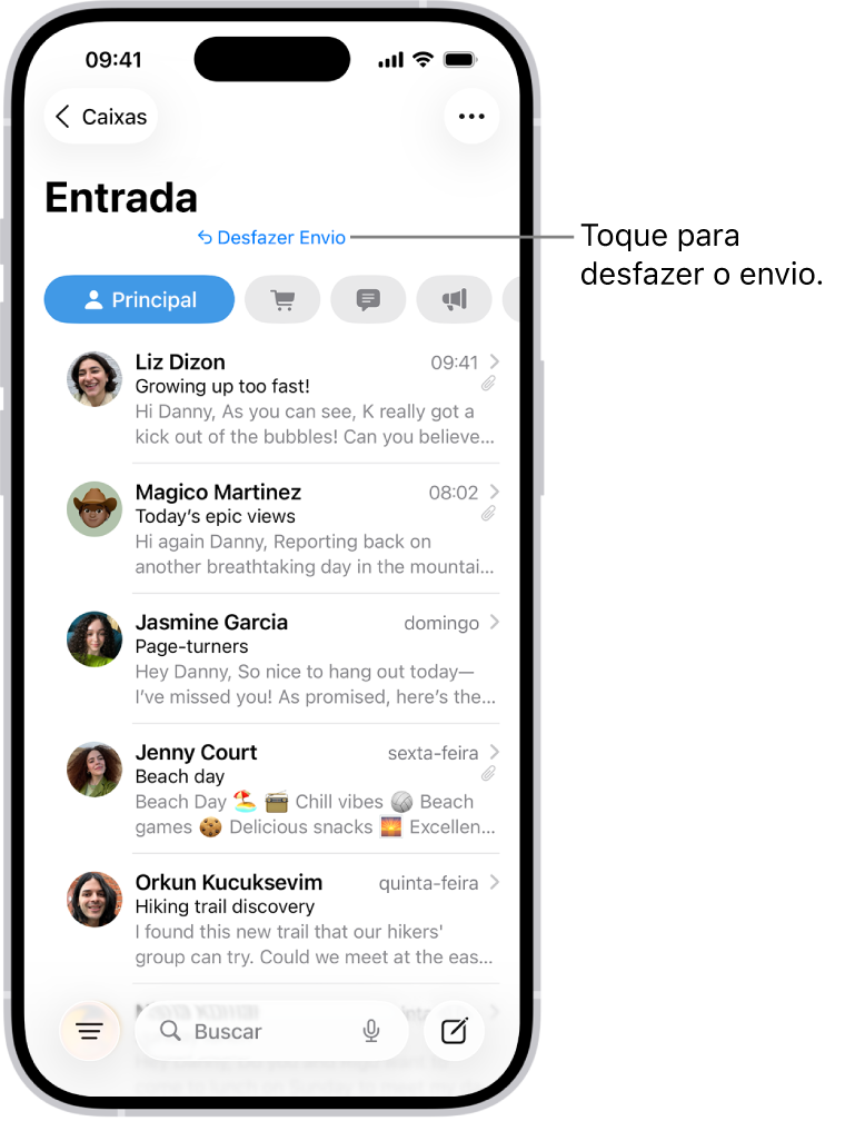 Caixa de entrada mostrando uma lista de mensagens. O botão Desfazer Envio (para trazer de volta uma mensagem recém-enviada) está no centro da parte inferior da tela.