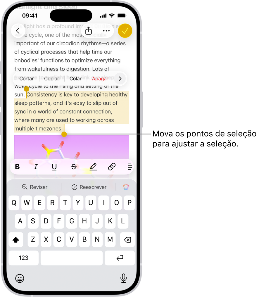 Há texto selecionado em uma nota no app Notas. Acima do texto selecionado encontram-se os botões Recortar, Copiar, Colar e Preenchimento Automático. O texto selecionado está destacado, com pontos de seleção para ajustar a seleção nas extremidades.
