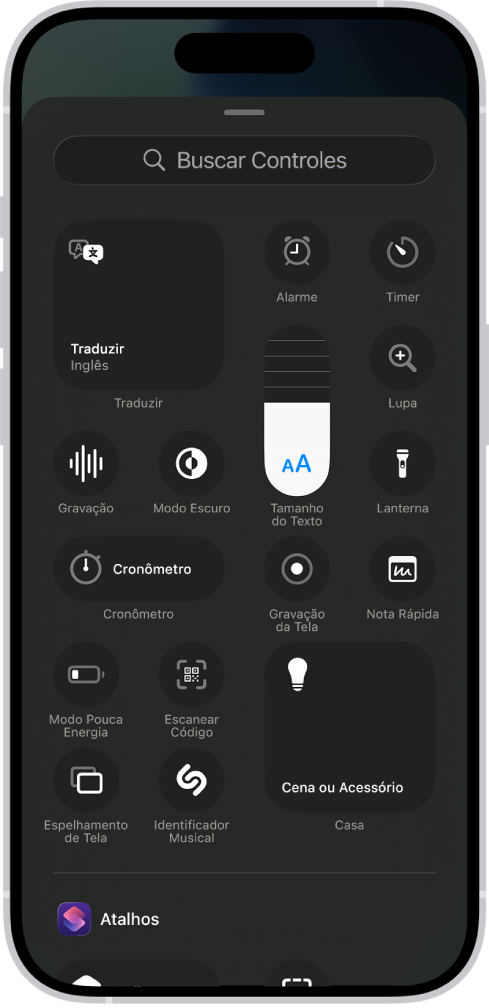 Galeria de controles, mostrando todos os controles disponíveis na Central de Controle.