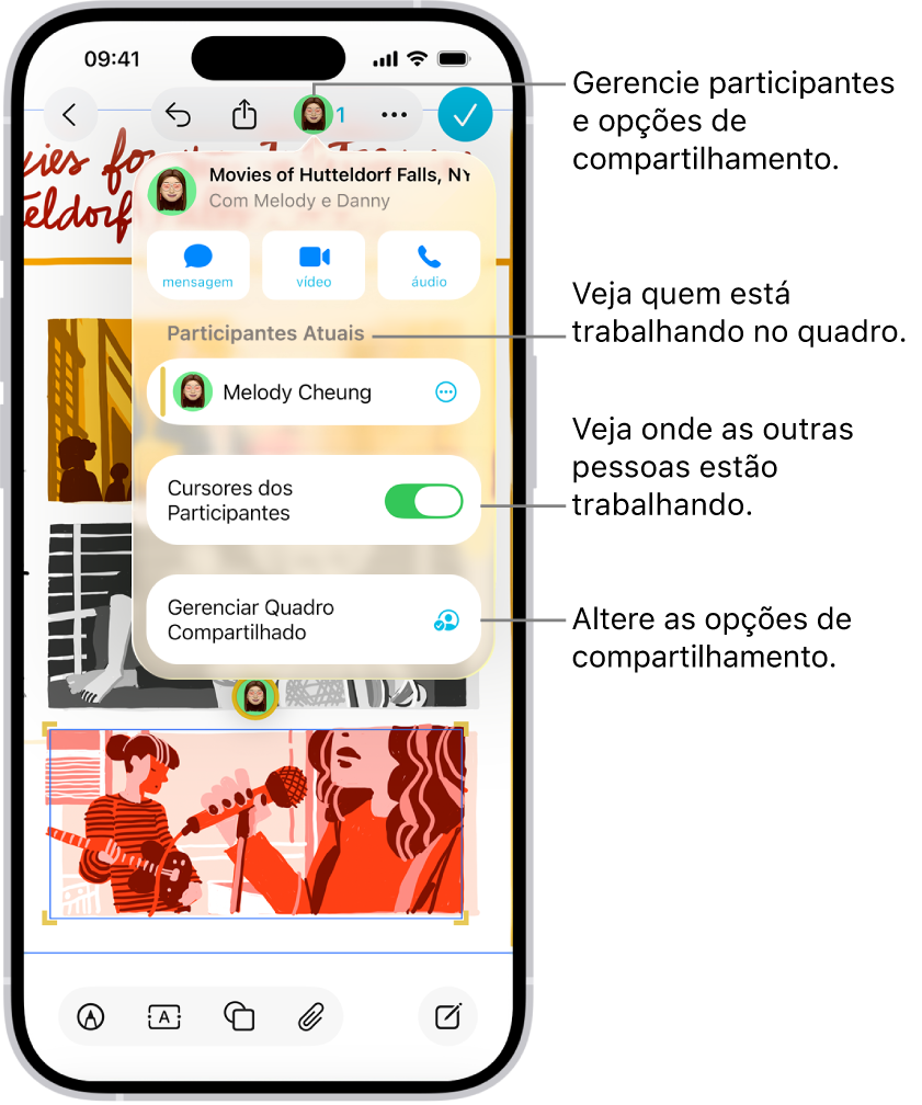 Um quadro compartilhado do Freeform no iPhone com o menu de colaboração aberto.