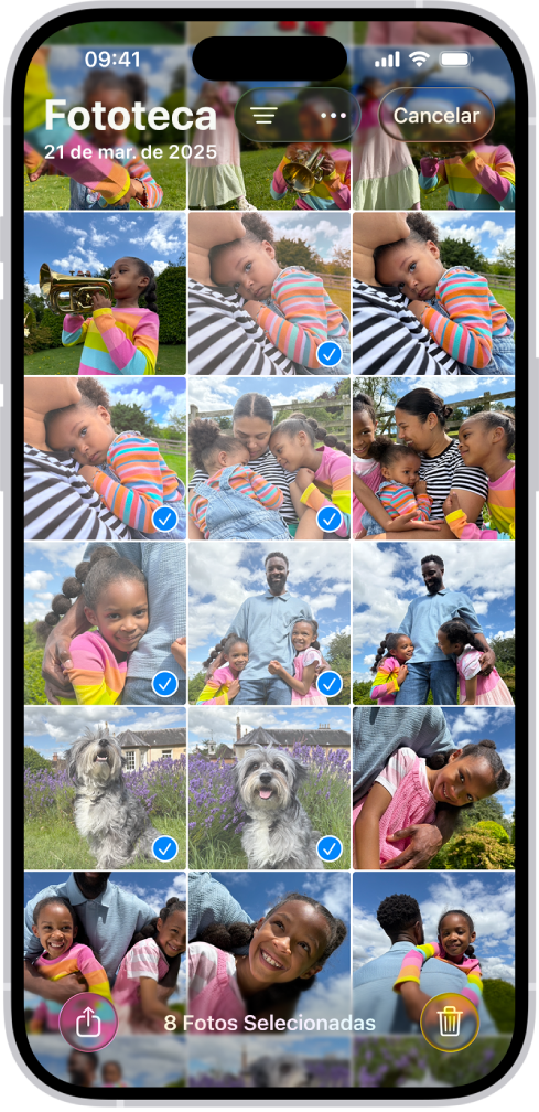 Tela do iPhone preenchida por uma grade de fotos, com algumas delas selecionadas. Na parte inferior da tela estão os botões Compartilhar e Apagar.