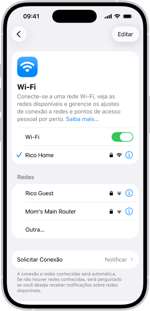 A tela de opções de Wi‑Fi nos Ajustes. O Wi‑Fi está ativado e uma rede está selecionada.
