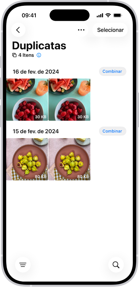 Tela Duplicatas, mostrando fotos duplicadas, uma do lado da outra. No lado direito da tela, os botões Combinar para combinar cada par de fotos duplicadas.