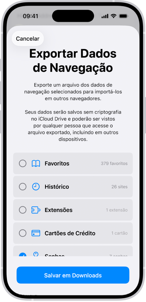 Tela Exportar Dados de Navegação, com a opção Senhas selecionada para exportar para outro gerenciador de senhas.