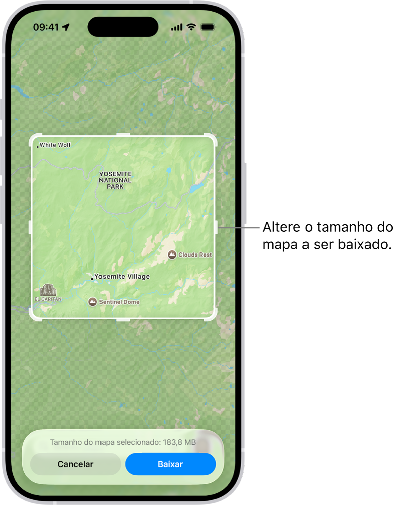 Um mapa de um parque nacional. O parque está emoldurado por um retângulo com puxadores, que podem ser movidos para alterar o tamanho do mapa a ser baixado. O tamanho do download do mapa selecionado é indicado perto da parte inferior do mapa. Os botões Cancelar e Baixar estão na parte inferior da tela.