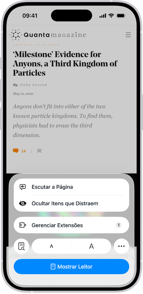 Um site está aberto no Safari. O botão Menu da Página está selecionado e os controles de escuta são mostrados.