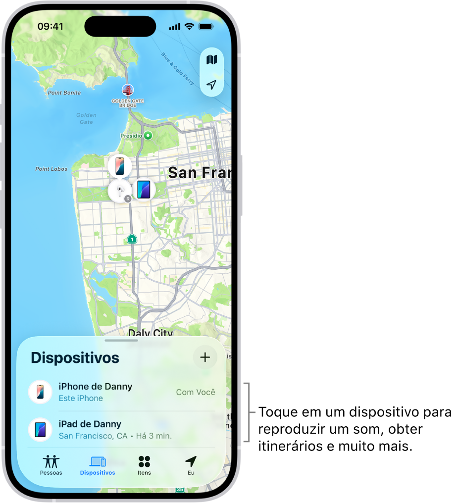 Tela do app Buscar aberto na lista Dispositivos. Há dois dispositivos na lista Dispositivos: iPhone do Sérgio e iPad do Sérgio. As respectivas localizações são mostradas em um mapa.