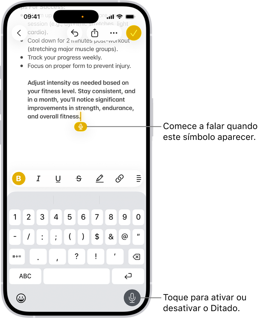 Um teclado na tela está aberto no app Mail. O botão Ditado no canto inferior direito da tela está selecionado e o botão Ditado aparece abaixo do ponto de inserção no campo de texto.