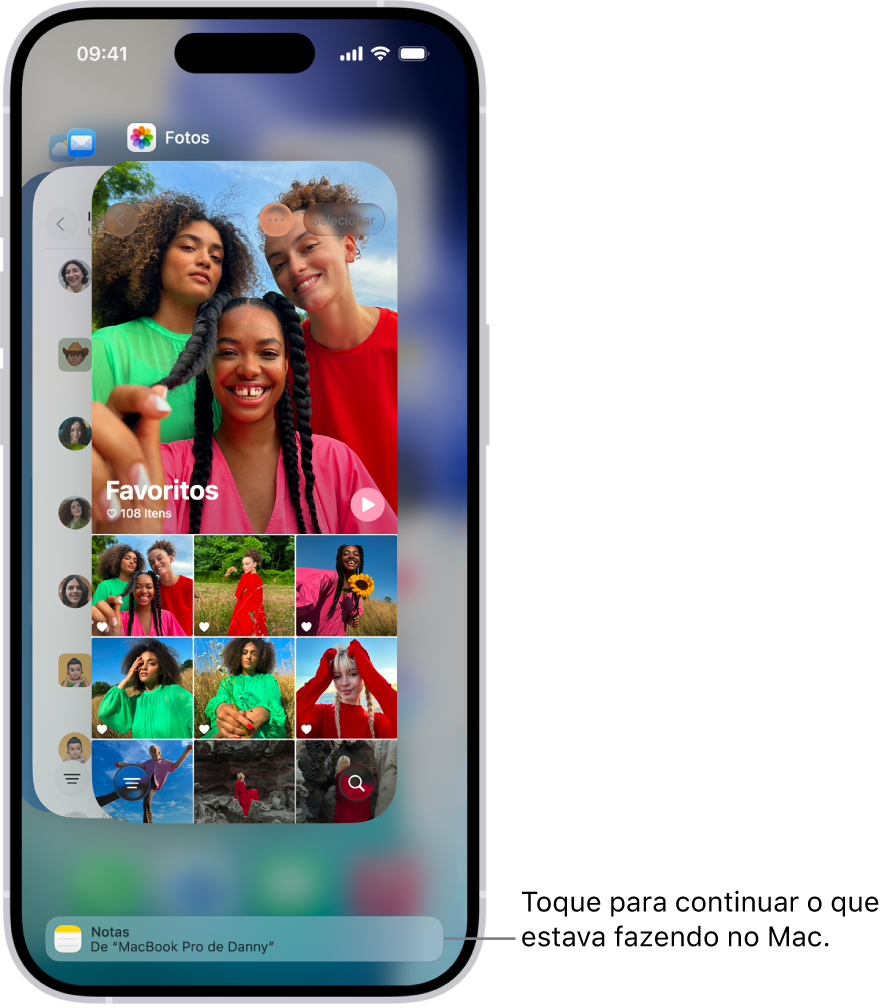 Seletor de Apps no iPhone mostrando uma notificação do Handoff na parte inferior da tela.