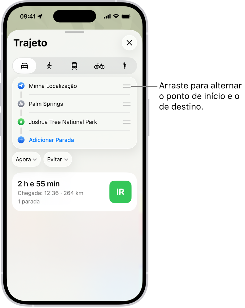 Um mapa com várias rotas possíveis para itinerários de carro entre Minha Localização e um destino.