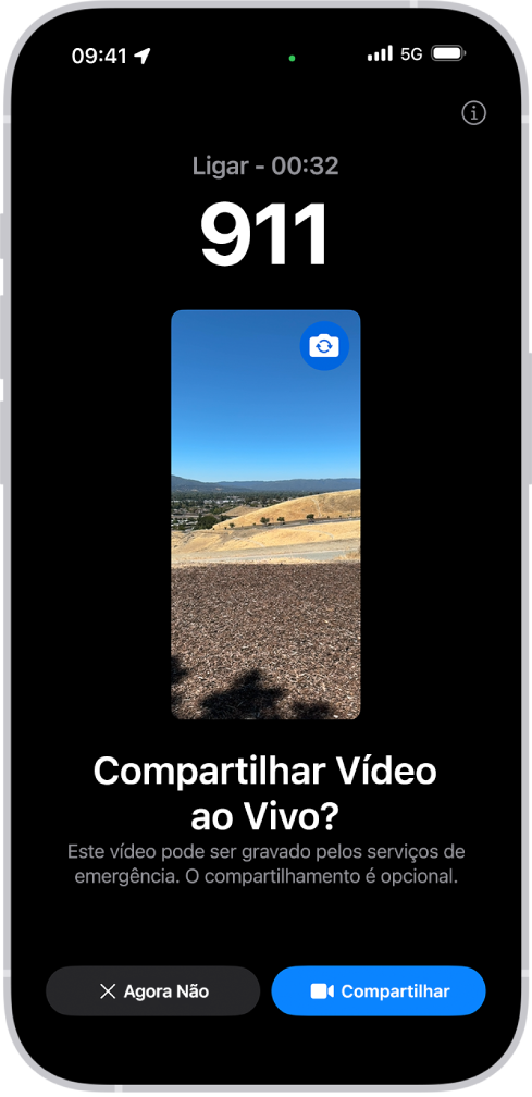 Uma tela do Vídeo ao Vivo do SOS de Emergência mostrando uma ligação de emergência para 911 com uma pré-visualização de vídeo no meio. Na parte inferior estão os botões Agora Não e Compartilhar Vídeo.
