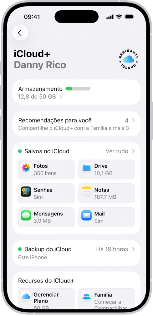 Tela de ajustes do iCloud mostrando o medidor de armazenamento do iCloud e uma lista de apps e recursos.