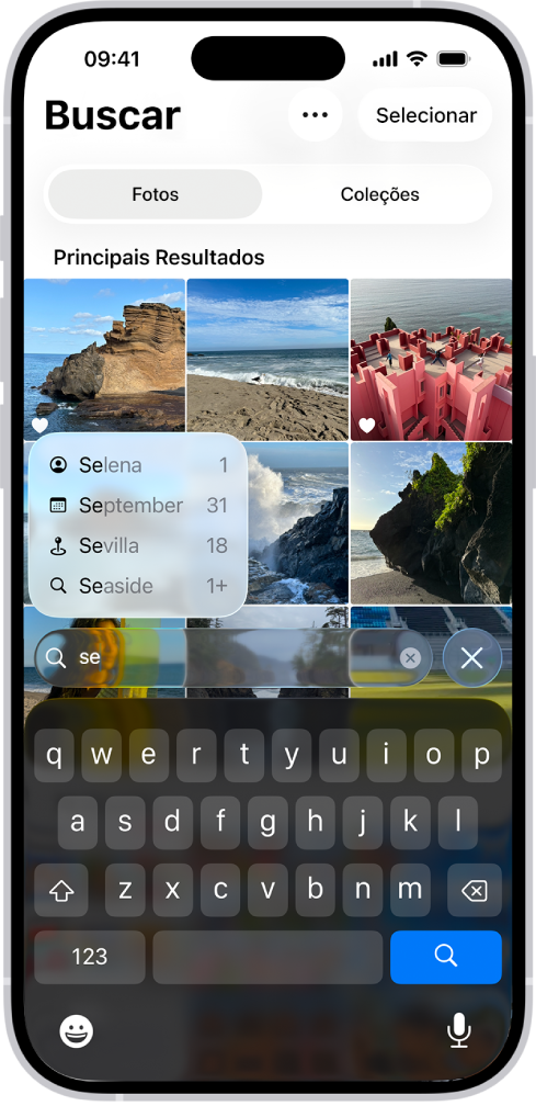 A tela Buscar no app Fotos mostrando sugestões de busca com base no texto digitado no campo de busca.