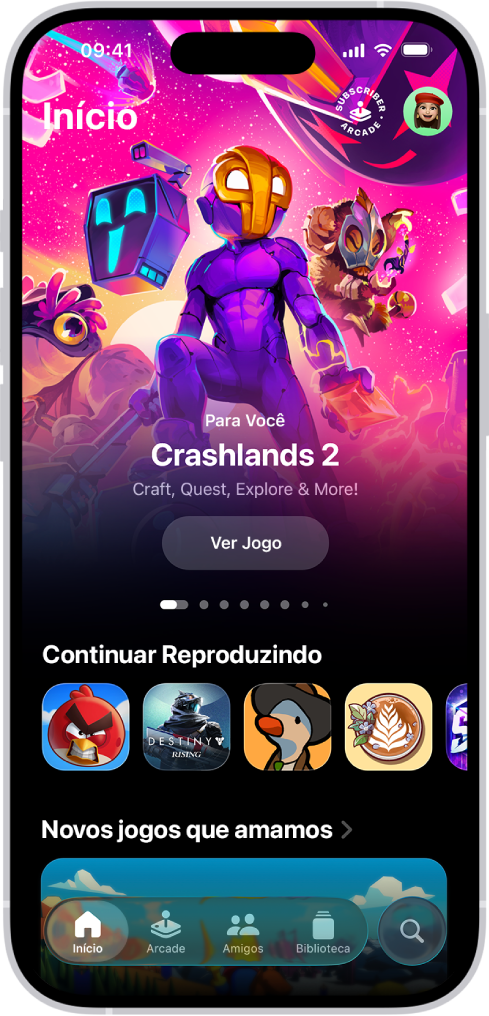 Apple Games mostrando a aba Início, com um evento especial, os jogos para continuar jogando e novos lançamentos.