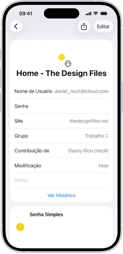 App Senhas mostrando detalhes de uma conta, incluindo Nome de Usuário, Senha e Site.