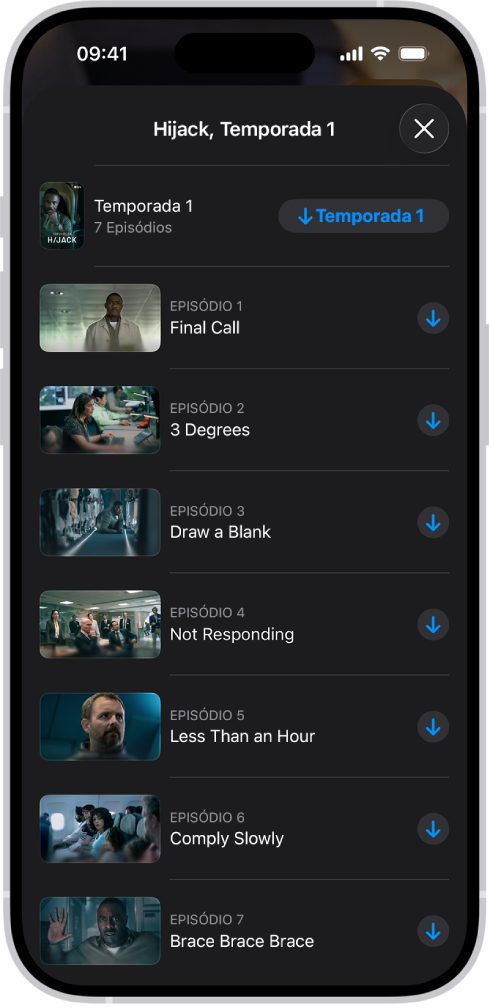 Aba Apple TV mostrando uma lista de episódios de um Apple Original. Os botões para baixar a temporada completa e cada episódio aparecem do lado direito da tela.