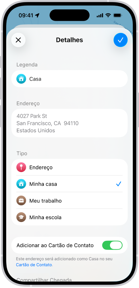 App Mapas mostrando a tela Detalhes com opções para definir um endereço como casa, trabalho ou escola.