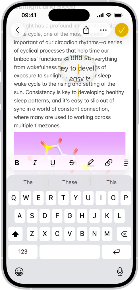 Uma nota mostrando o ponto de inserção posicionado onde o texto será inserido ou editado. O texto ao redor é ampliado para facilitar o posicionamento do ponto de inserção.