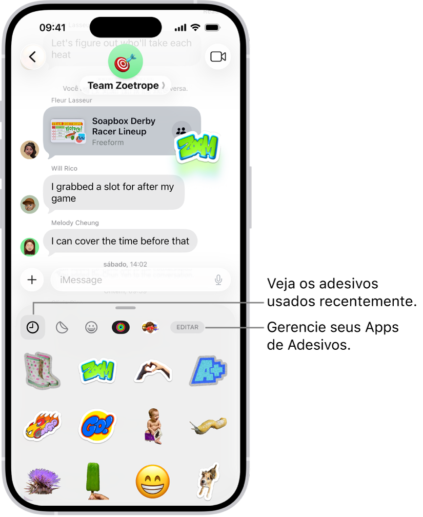 Adesivos aparecem abaixo de uma conversa. Cada botão ao longo da parte superior do cartão abre um pacote de adesivos.