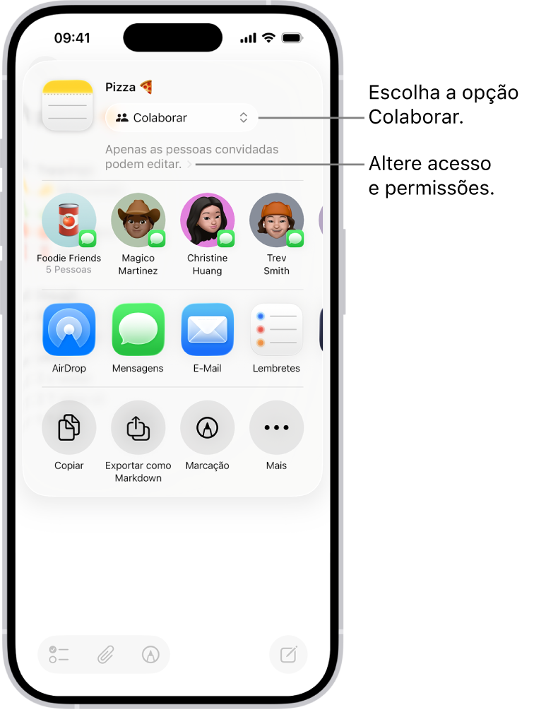 Um convite de colaboração para uma receita no app Notas, mostrando Colaborar na opção de compartilhamento e “Apenas as pessoas convidadas podem editar” como ajuste de acesso e permissão. Quatro possíveis destinatários, incluindo um grupo, formam uma linha abaixo disso. A seção seguinte oferece maneiras diferentes de compartilhar a nota: AirDrop, Mensagens, Mail e Lembretes.