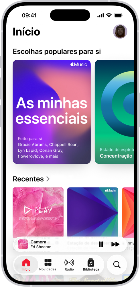 O separador Início da aplicação Música mostra escolhas populares na parte superior. Pode passar o dedo para a esquerda ou para a direita para ver música escolhida para si. Por baixo, aparecem músicas reproduzidas recentemente.