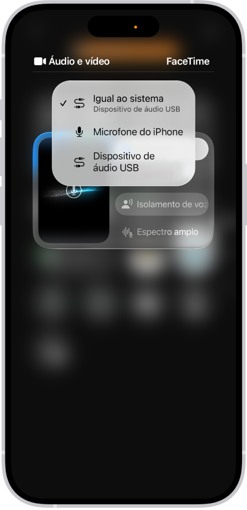 Os controlos para escolher uma fonte de entrada de áudio para uma chamada FaceTime.