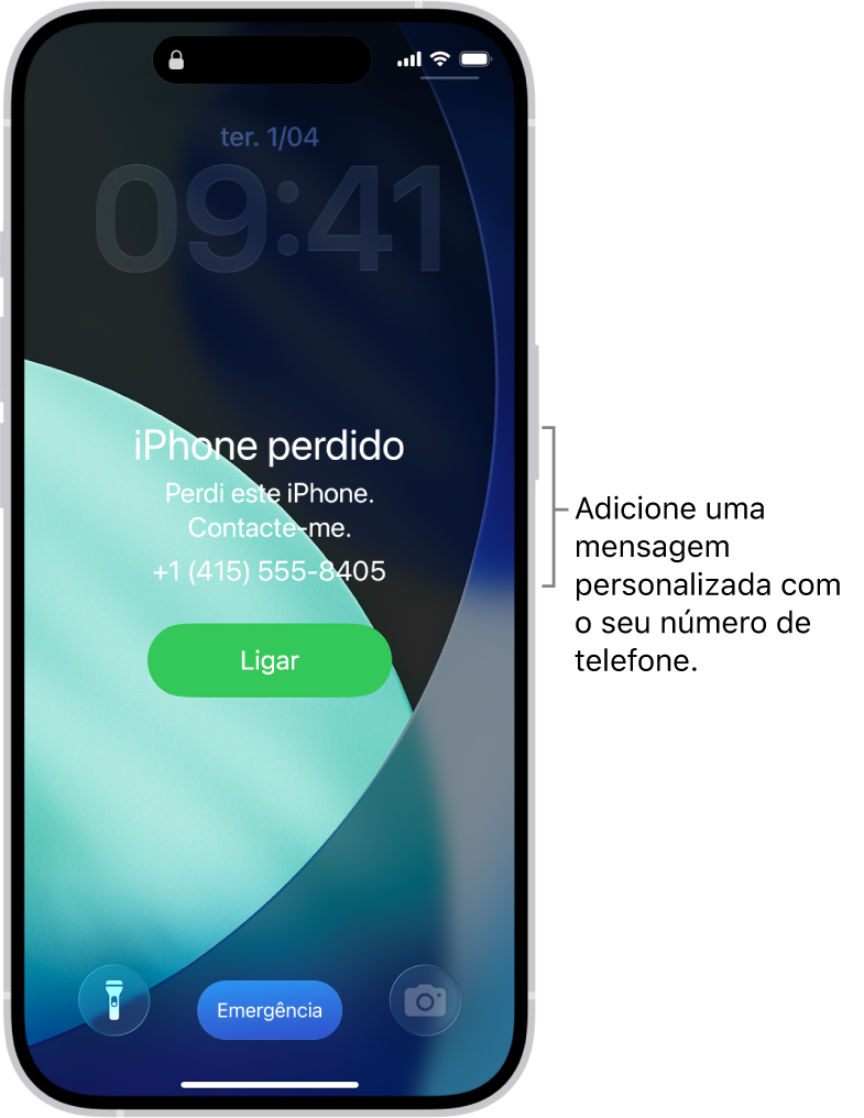 Um ecrã bloqueado com uma mensagem de iPhone perdido. Pode adicionar uma mensagem personalizada com o seu número de telefone.